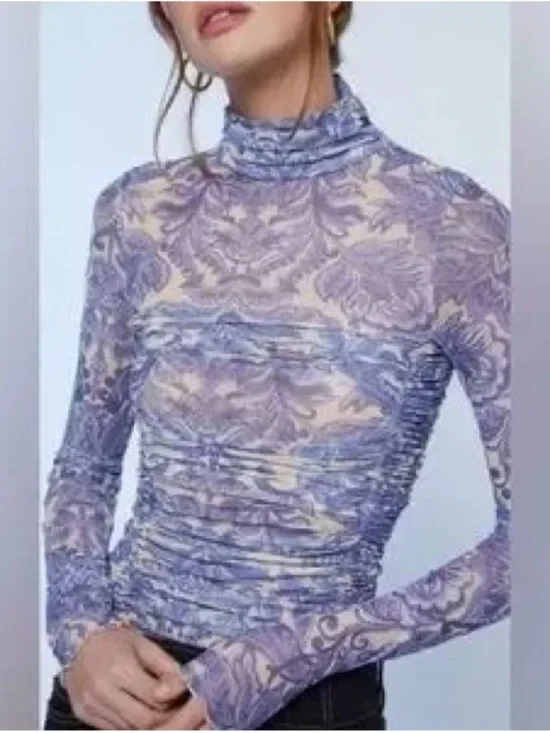 Free People Under It All Bodysuit XS Porcelain Combo Blue Floral Mesh Ruched NWT - Picture 14 of 14